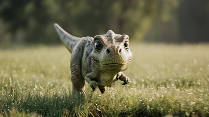 A dinosaur walks through a sunlit meadow with dewdrops - Powered by Adobe