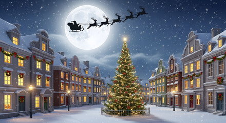 Christmas Eve Spectacle: A magical Christmas scene unfolds beneath a starlit night, with Santa's sleigh soaring across the full moon and a festive tree glowing amidst a quaint town.