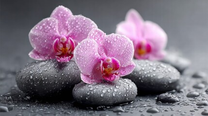 Pink Orchids Resting Wet Black