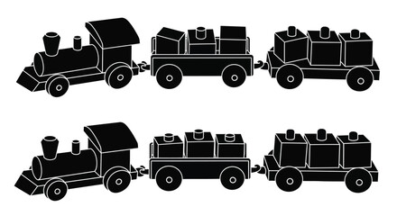 Simple black and white illustration of toy trains connected as a railway