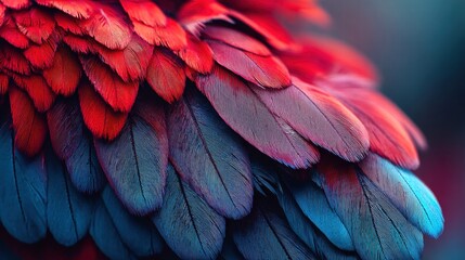 Obraz premium Vibrant close-up of colorful bird feathers in shades of red, blue, and purple.