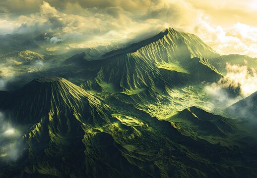 Golden sunrise mist enveloping dramatic volcanic mountains with lush green slopes and foreground wildflowers