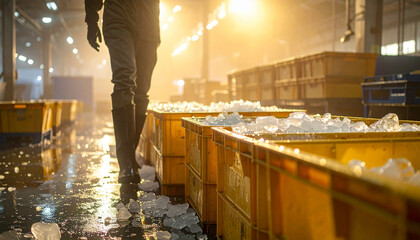 Worker walking past ice-filled crates at sunrise