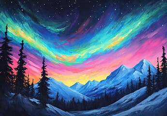 Multicolored aurora borealis dancing over snow-covered pine forest and dramatic mountain peaks under a starry night