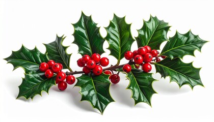 Artificial holly branch with glossy leaves and red berries, isolated on a white background