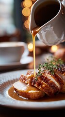 Warm gravy cascading onto juicy, sliced turkey breast, garnished with fresh thyme, creating a delicious holiday meal ambiance.