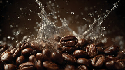 Splash of water dancing over freshly roasted coffee beans in dramatic close-up