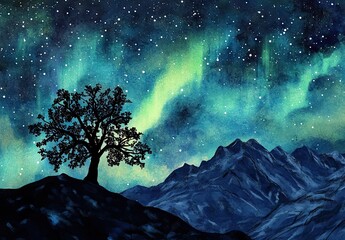 Vibrant green and purple aurora borealis over majestic mountains with a solitary tree silhouette