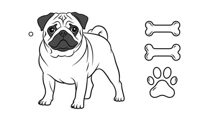 A charming black and white line art illustration of a cute pug dog standing, with its characteristic wrinkly face and curled tail, accompanied by two stylized bones and a paw print graphic.