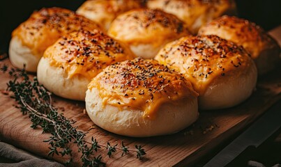 Freshly baked golden Hawaiian garlic butter rolls topped with melted cheese and chopped herbs, arranged on a wooden board