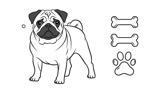 A charming black and white line art illustration of a cute pug dog standing, with its characteristic wrinkly face and curled tail, accompanied by two stylized bones and a paw print graphic.
