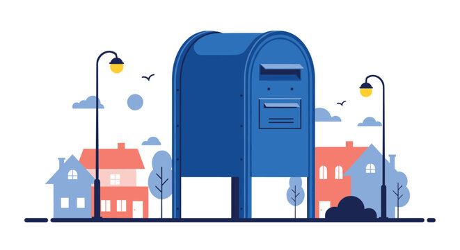 A cheerful flat-design illustration showcases a prominent blue street mailbox in a charming neighborhood, surrounded by colorful houses, trees, and streetlights, representing mail and community.