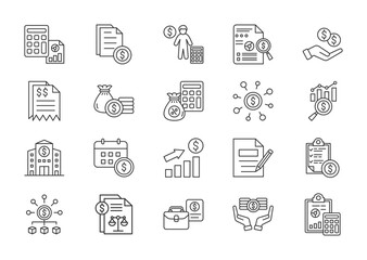 Accounting thin line icon set. Containing accountant, audit, earnings, invoice, finance, tax calculator, profit loss, money management, credit, analysis . Vector illustration