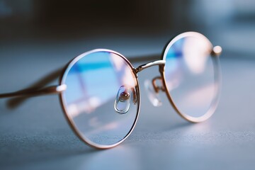 Stylish pair of round glasses featuring reflective lenses, showcasing a modern design with a subtle blue and pink tint.