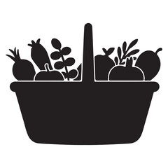  A full basket of fresh vegetables and fruits in a silhouette style