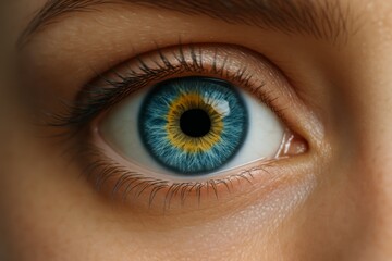 Fototapeta premium Close-up of a human eye with vibrant blue and yellow iris colors, representing vision, perception, and awareness in a hyper-detailed artistic concept. Ai generative