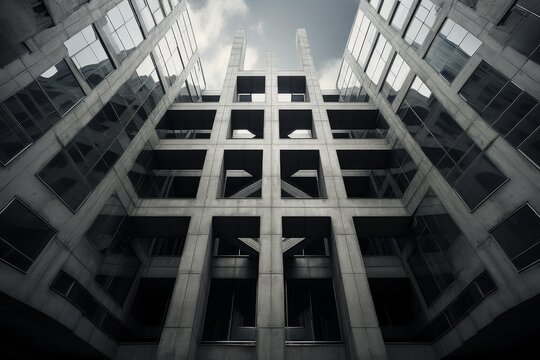 Brutalist architecture showing abstract grid pattern of concrete and glass reflecting sky