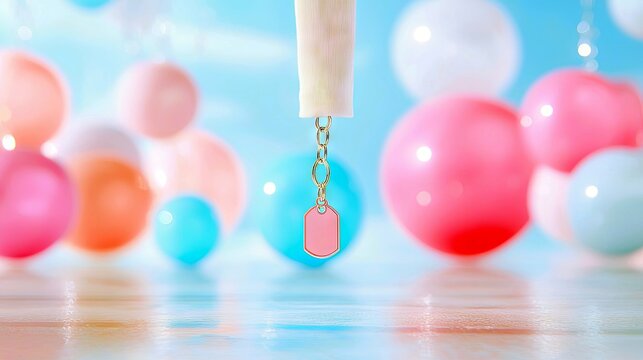 A pink dog tag keychain is suspended by a gold chain from a light-colored ribbon, with a soft-focus background of various colorful balloons.