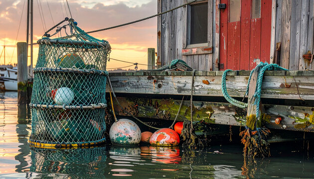 Fishing traps stacked on a wooden dock at sunset
