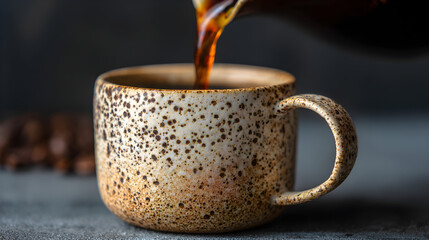 Hot espresso shot pouring into speckled ceramic mug