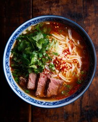 Top-down view of a savory beef noodle soup garnished with fresh herbs and chili flakes served in a traditional bowl.