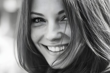 Close up of a beautiful woman with a bright smile in black and white