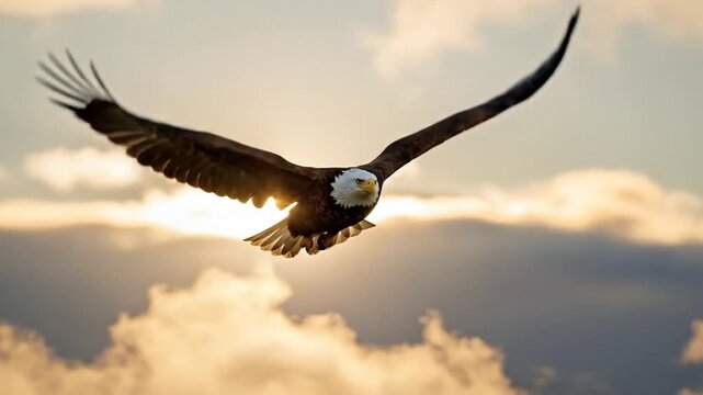 Majestic bald eagle soaring against golden sunlight and cloudy sky sequence video
