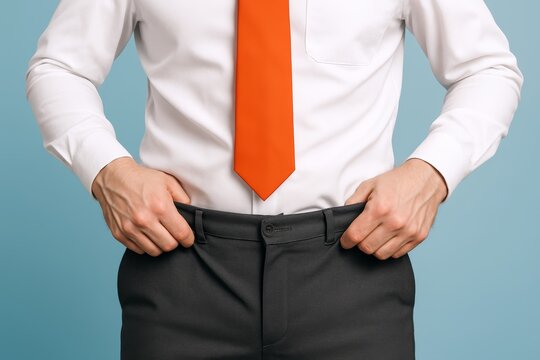 Man in business attire showing loose pants indicating weight loss or size change against blue background, symbolizing fitness or transformation concept. Ai generative - Powered by Adobe