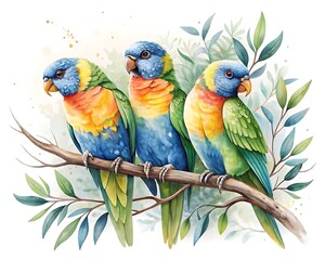 Obraz premium Three colorful lorikeets perched on a branch with soft foliage background