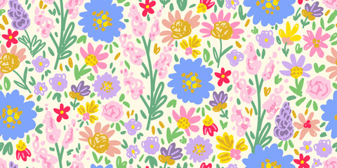 A delicate floral vector seamless pattern. Bright meadow flowers on a light background. Suitable for fabric prints, textiles, summer clothing. Springtime.