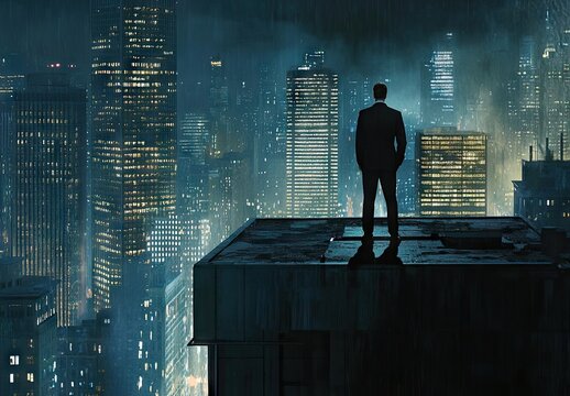 Man in suit on a rooftop overlooking a foggy cyberpunk city at night
