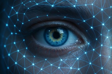 Close-up of human eye with glowing digital facial recognition mesh network highlighting biometric technology and identity verification concept. Ai generative