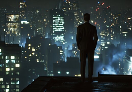 Silhouetted man in suit standing on a rooftop overlooking a glowing nighttime city skyline