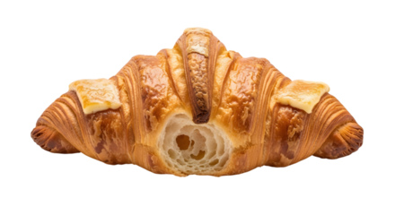 Golden brown croissant with melted butter on top and flaky layers isolated on a transparent background
