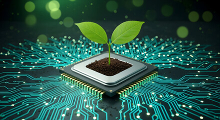 Sustainable technology sprouting new growth on a modern circuit board, symbolizing innovation and a greener future for business and technological advancement