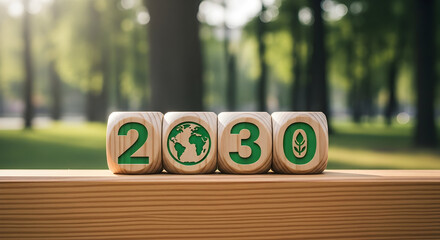 Countdown to a greener future wooden blocks display 2030 goal with nature background for sustainability campaigns and eco-friendly initiatives