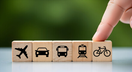 Choose your travel method with these fun wooden blocks showing airplane, car, bus, train, and bicycle icons for eco-friendly transportation options