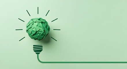 Eco-friendly innovation a green crumpled paper lightbulb sparks creative ideas, promoting sustainability and environmental awareness in a minimal design