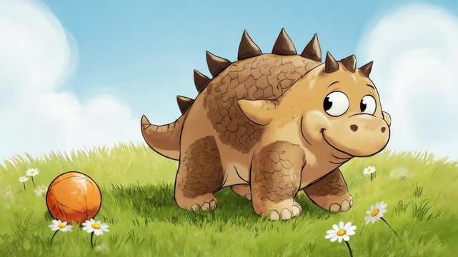 A friendly, cartoon dinosaur stands in a field with a ball