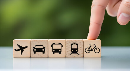 Choose Your Journey Concept - Select Your Mode of Transport - Finger Tapping Bicycle for Eco Travel Planning - Plane, Car, Bus, Train, Bicycle
