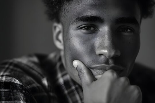 Thoughtful african american man in deep contemplation with hand on chin - Powered by Adobe