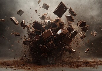 Powerful explosion of rich dark chocolate blocks and cocoa powder in mid-air