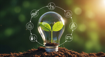 Sustainable living concept shows vibrant sprout in lightbulb, symbolizing renewable energy and eco friendly lifestyle for climate change awareness