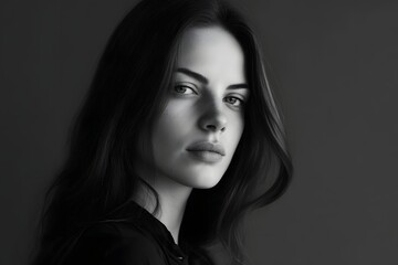 Monochromatic portrait of a young woman with long hair and direct gaze