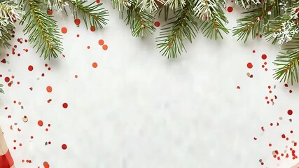 Christmas background with red and white wrapping paper, gifts, pine cones, holly berries, christmas decorations, on light grey stone table, flat lay, top view