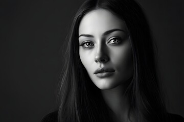 Portrait of a woman with long hair in black and white