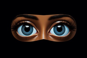 Stylized cartoon eyes with blue irises and long eyelashes emerging from darkness