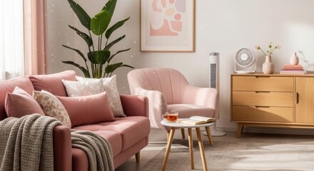 Fototapeta premium Elegant living room with plush pink sofa and warm wooden cabinet decor