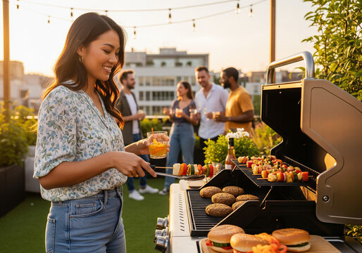 Smiling Asian woman grilling skewers at a vibrant rooftop barbecue party at sunset