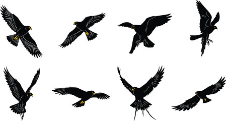Obraz premium Flying bird icon set, silhouette birds with yellow accents in dynamic flight poses, black and white illustration, wildlife, nature, vector grid